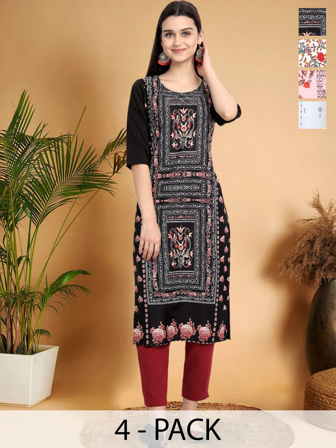 

7Threads Selection Of 4 Ethnic Motifs Printed Round Neck Straight Kurtas, Black