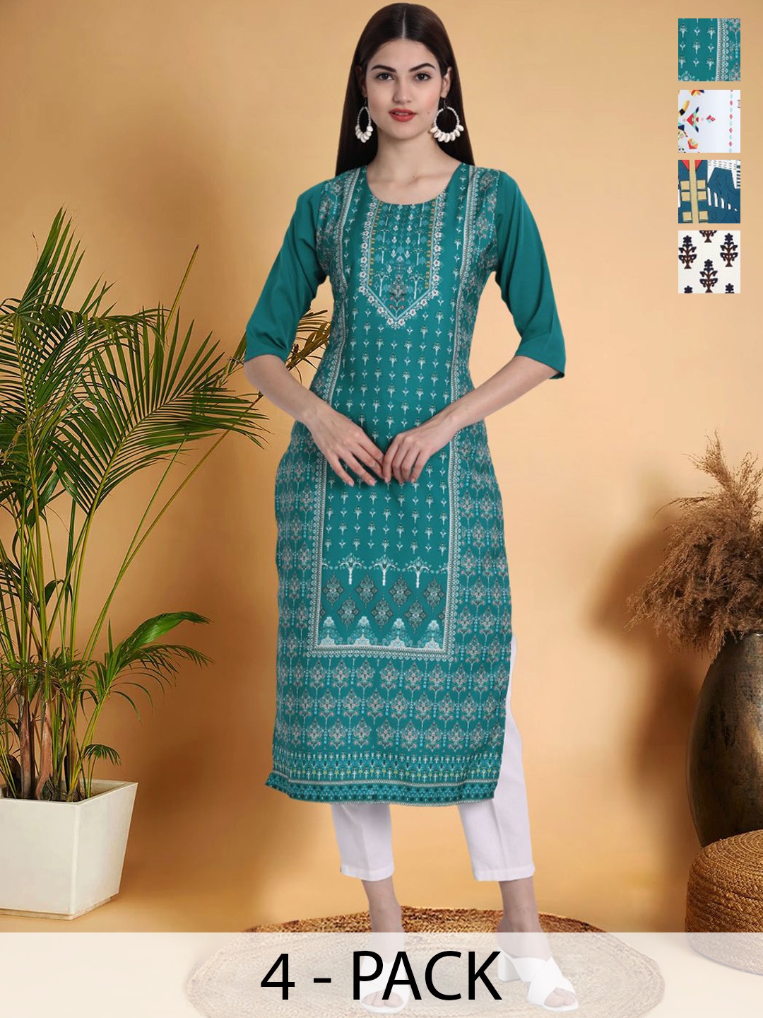 

7Threads Selection Of 4 Ethnic Motifs Printed Round Neck Straight Kurtas, Green