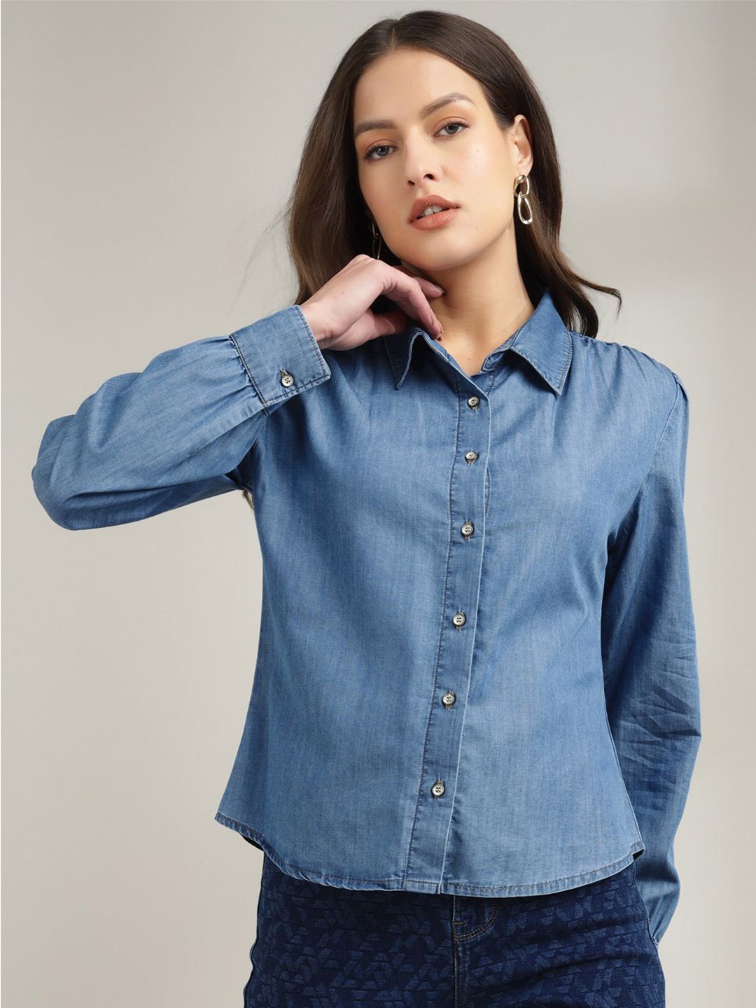 

Xpose Women Comfort Tailored Fit Spread Collar Solid Denim Shirt, Blue