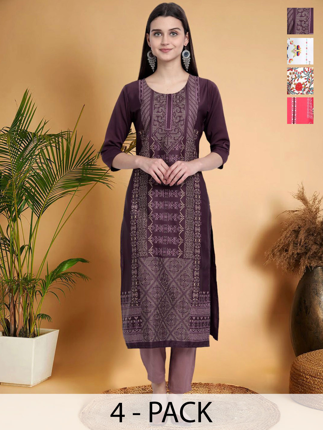 

7Threads Selection Of 4 Ethnic Motifs Printed Round Neck Straight Kurtas, Purple