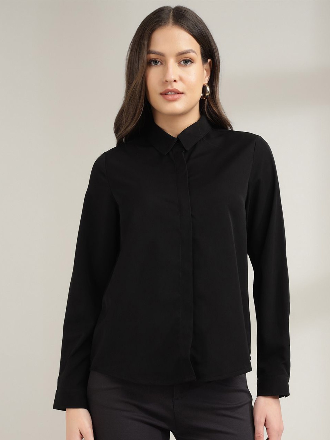 

Xpose Women Comfort Fit Spread Collar Solid Casual Shirt, Black