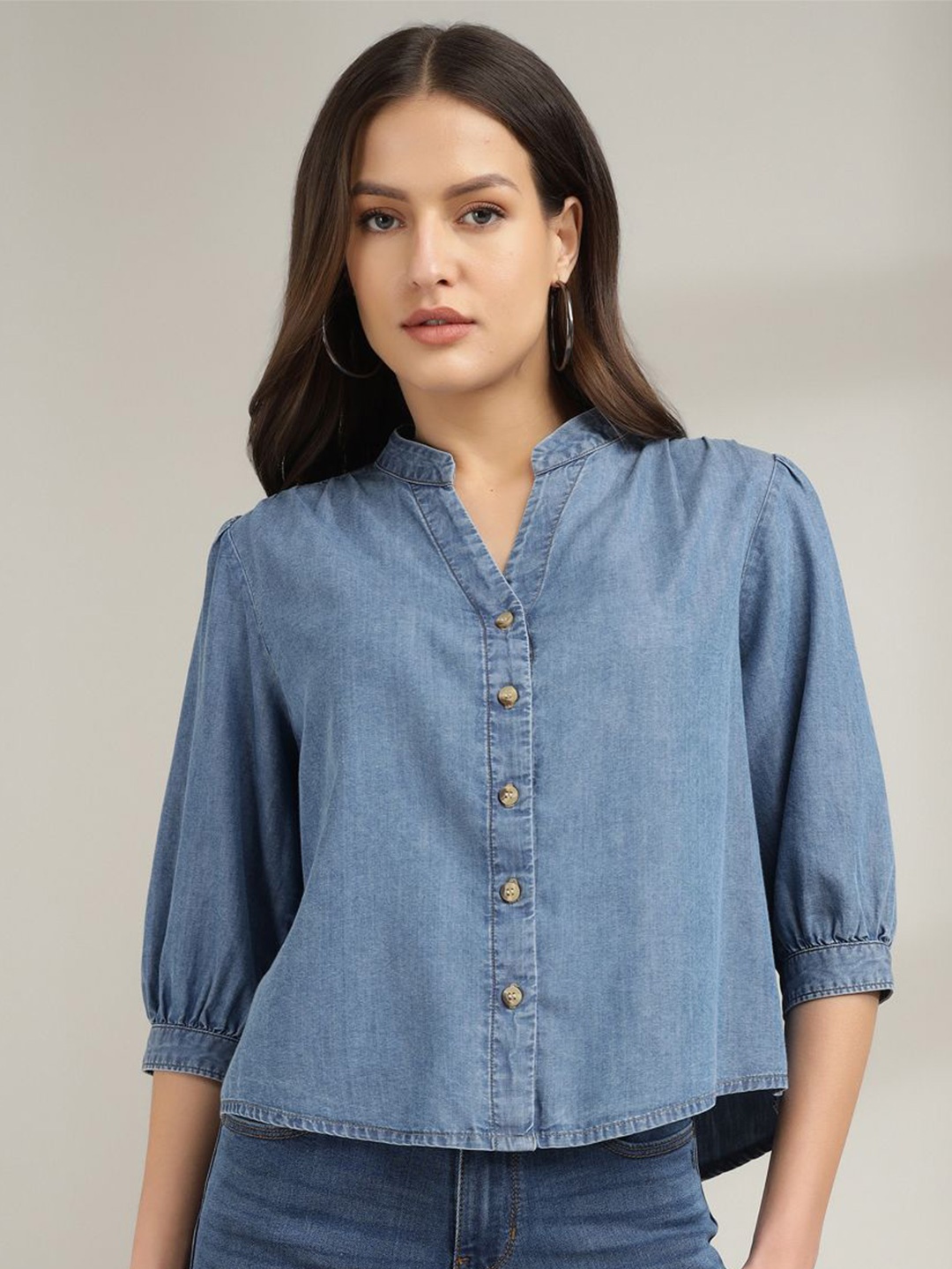 

Xpose Women Comfort Boxy Fit Mandarin Collar Solid Denim Shirt, Blue