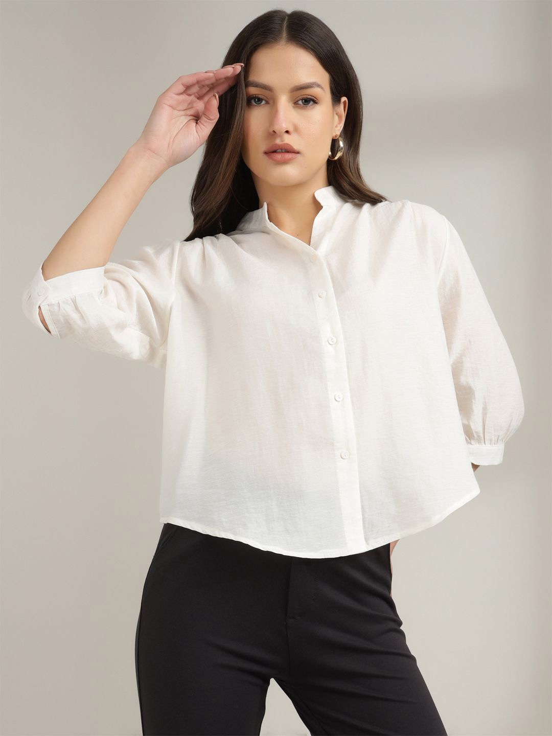 

Xpose Women Comfort Boxy Fit Mandarin Collar Solid Casual Shirt, Off white