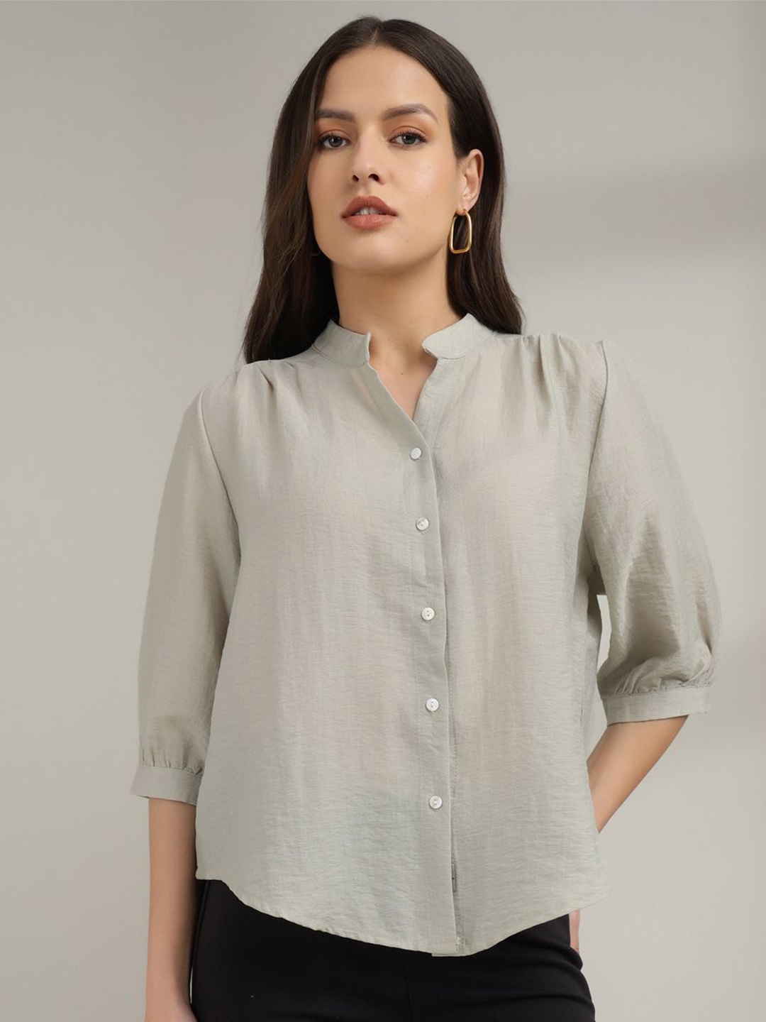 

Xpose Women Comfort Boxy Fit Mandarin Collar Solid Casual Shirt, Grey