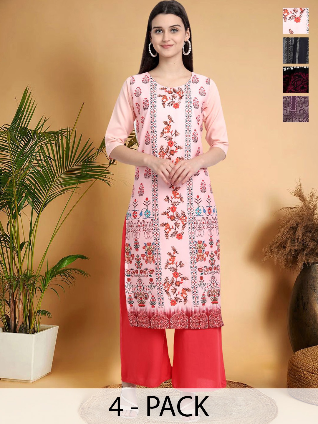 

7Threads Selection Of 4 Ethnic Motifs Printed Round Neck Straight Kurta, Pink
