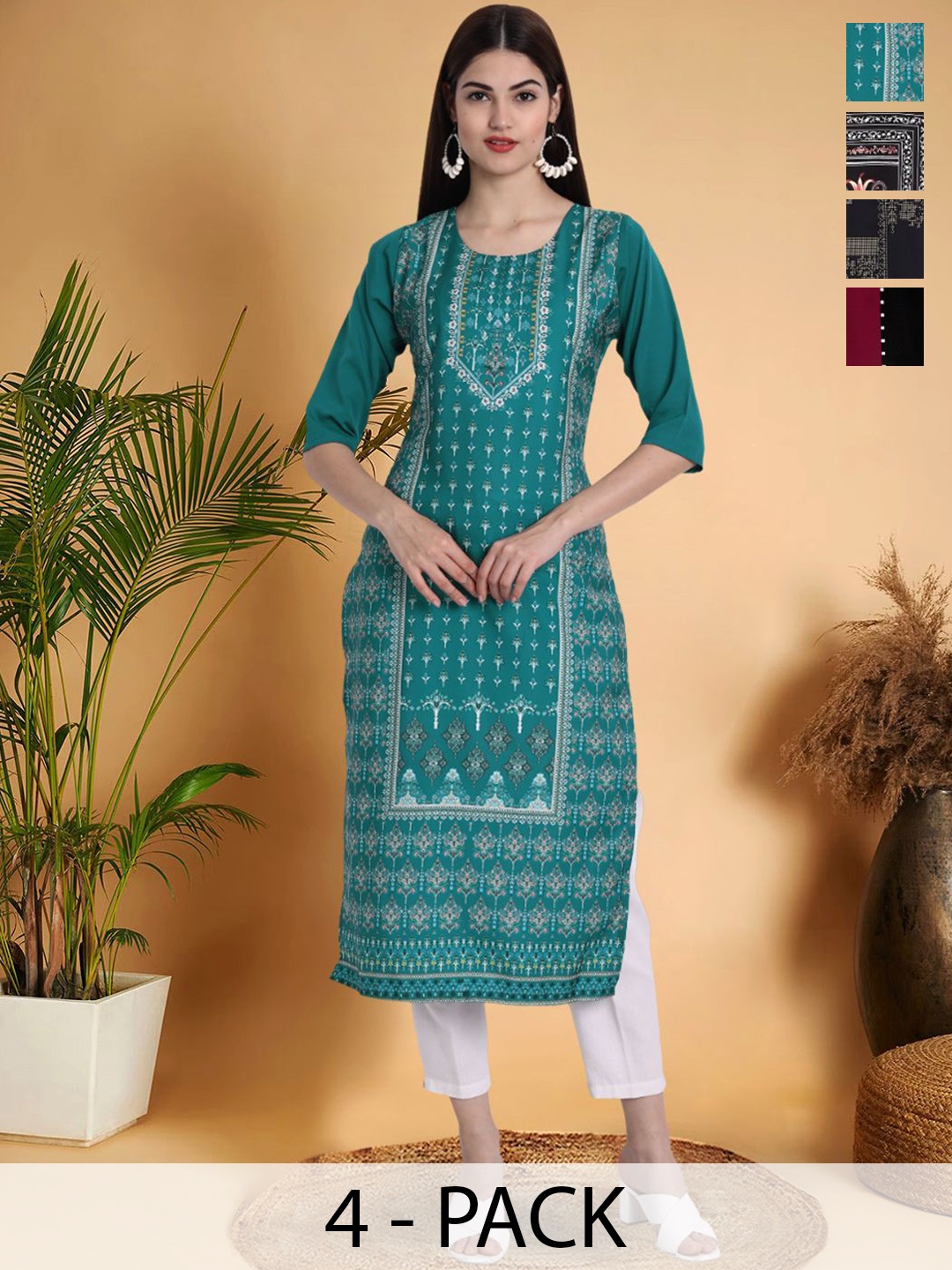 

7Threads Selection Of 4 Ethnic Motifs Printed Round Neck Straight Kurta, Teal