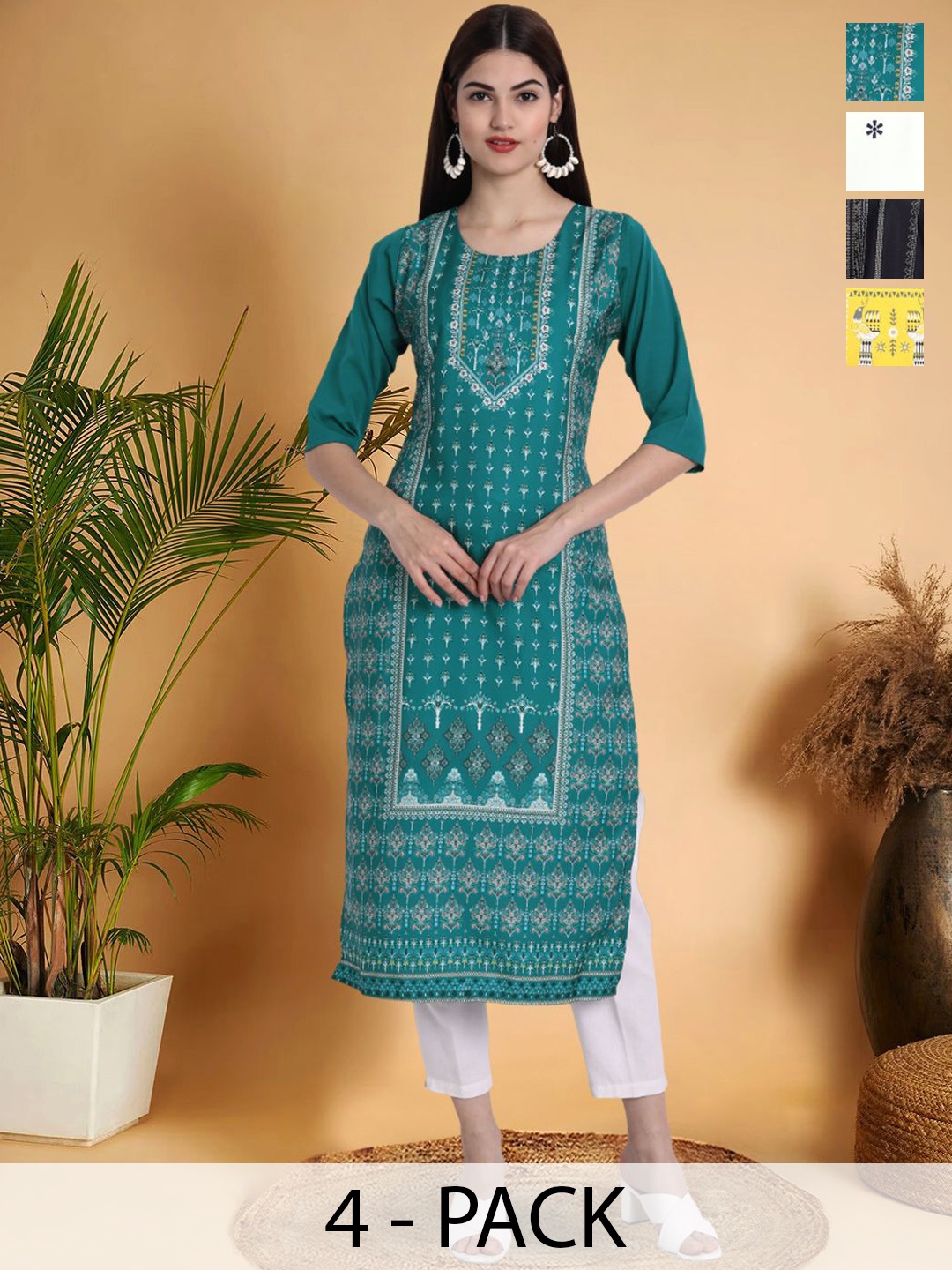 

7Threads Selection Of 4 Ethnic Motifs Printed Round Neck Straight Kurta, Teal