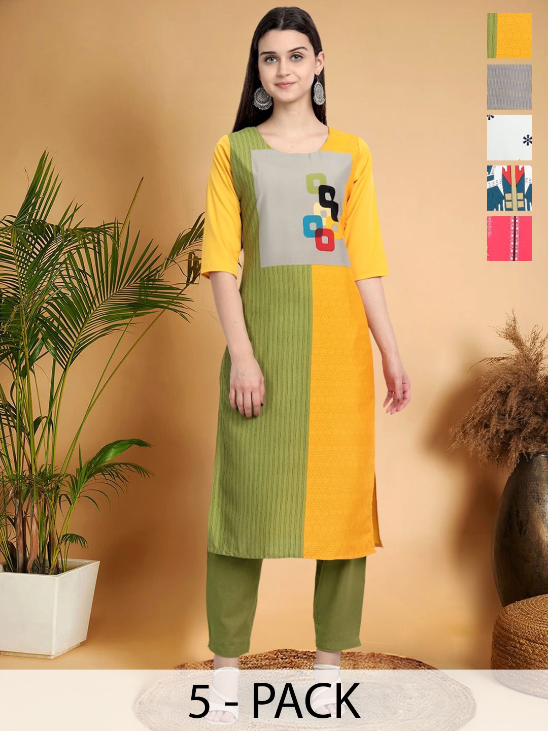 

7Threads Selection Of 5 Ethnic Motifs Printed Round Neck Straight Kurta, Mustard
