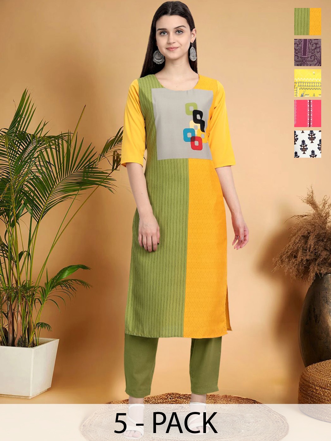 

7Threads Selection Of 5 Ethnic Motifs Printed Round Neck Straight Kurta, Mustard