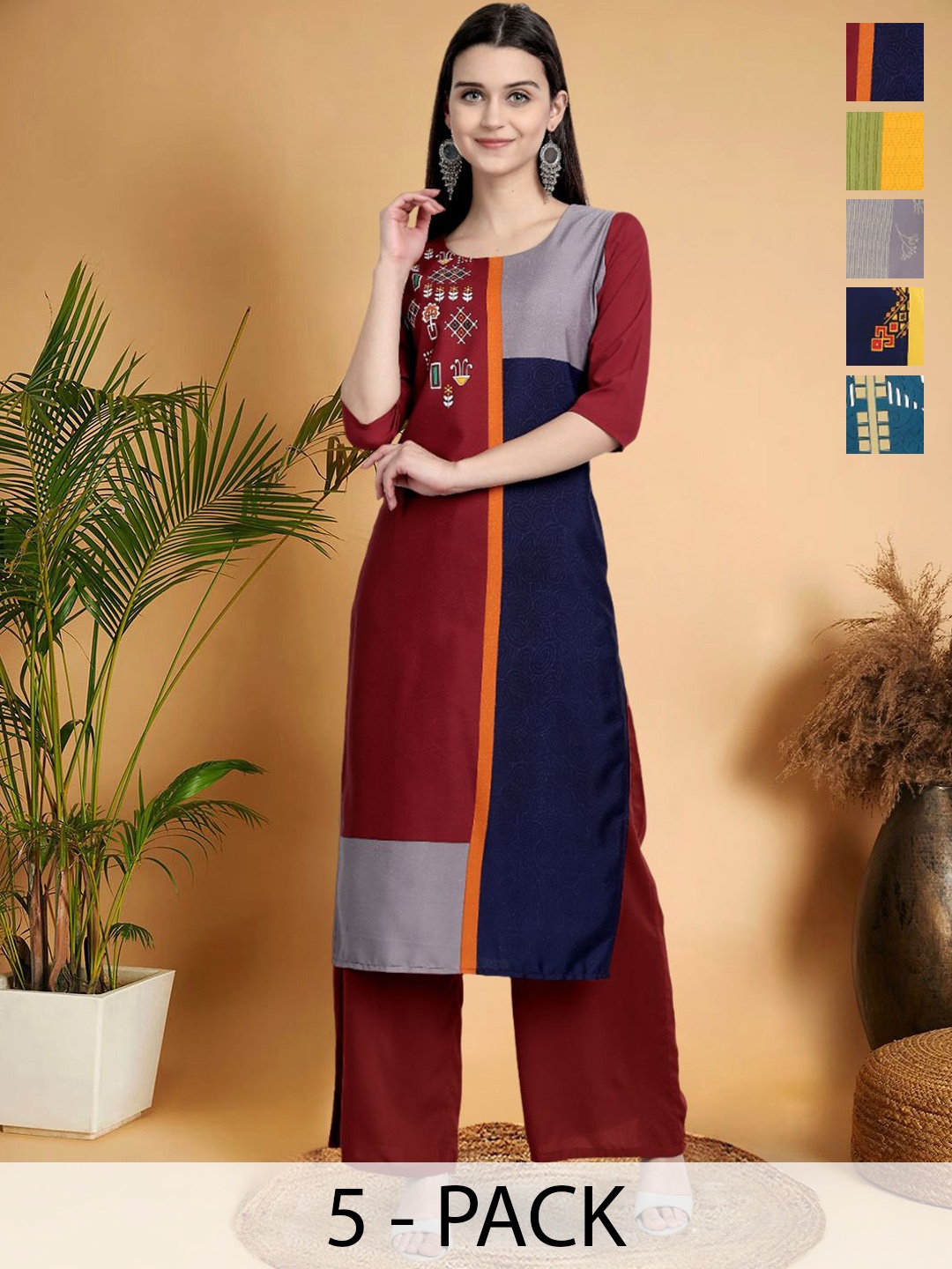 

7Threads Selection Of 5 Ethnic Motifs Printed Round Neck Straight Kurta, Rust