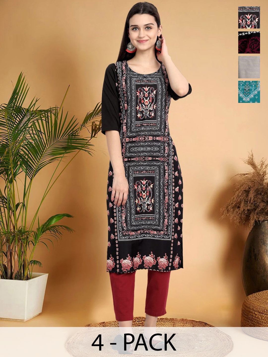 

7Threads Selection Of 4 Ethnic Motifs Printed Round Neck Straight Kurta, Black