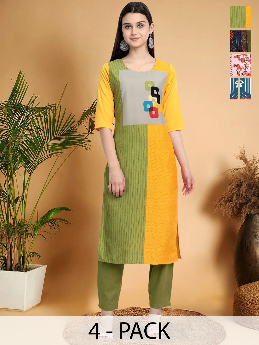 

7Threads Selection Of 4 Ethnic Printed Round Neck Straight Kurtas, Yellow