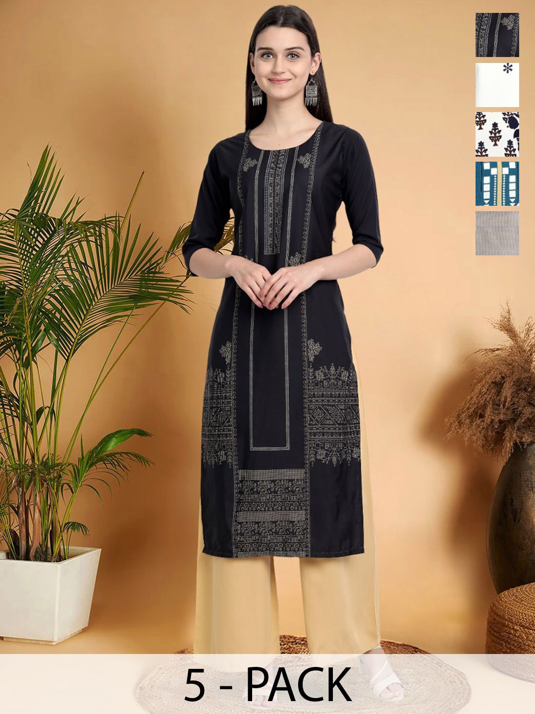 

7Threads Selection Of 5 Ethnic Printed Round Neck Straight Kurtas, Multi