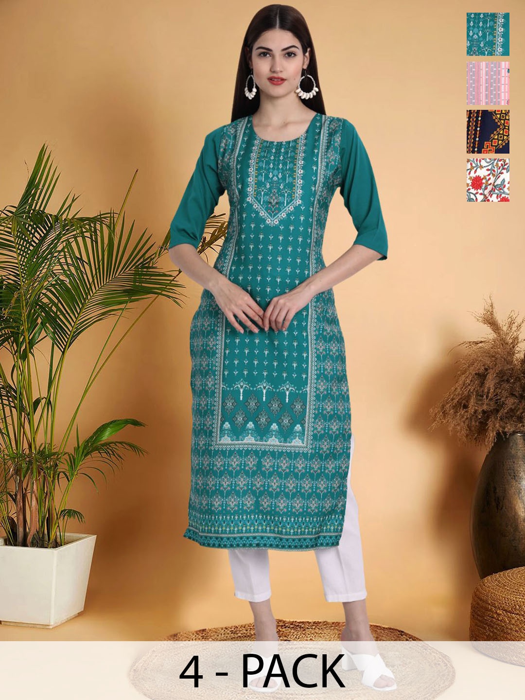 

7Threads Selection Of 4 Floral Printed Round Neck Straight Kurtas, Multi
