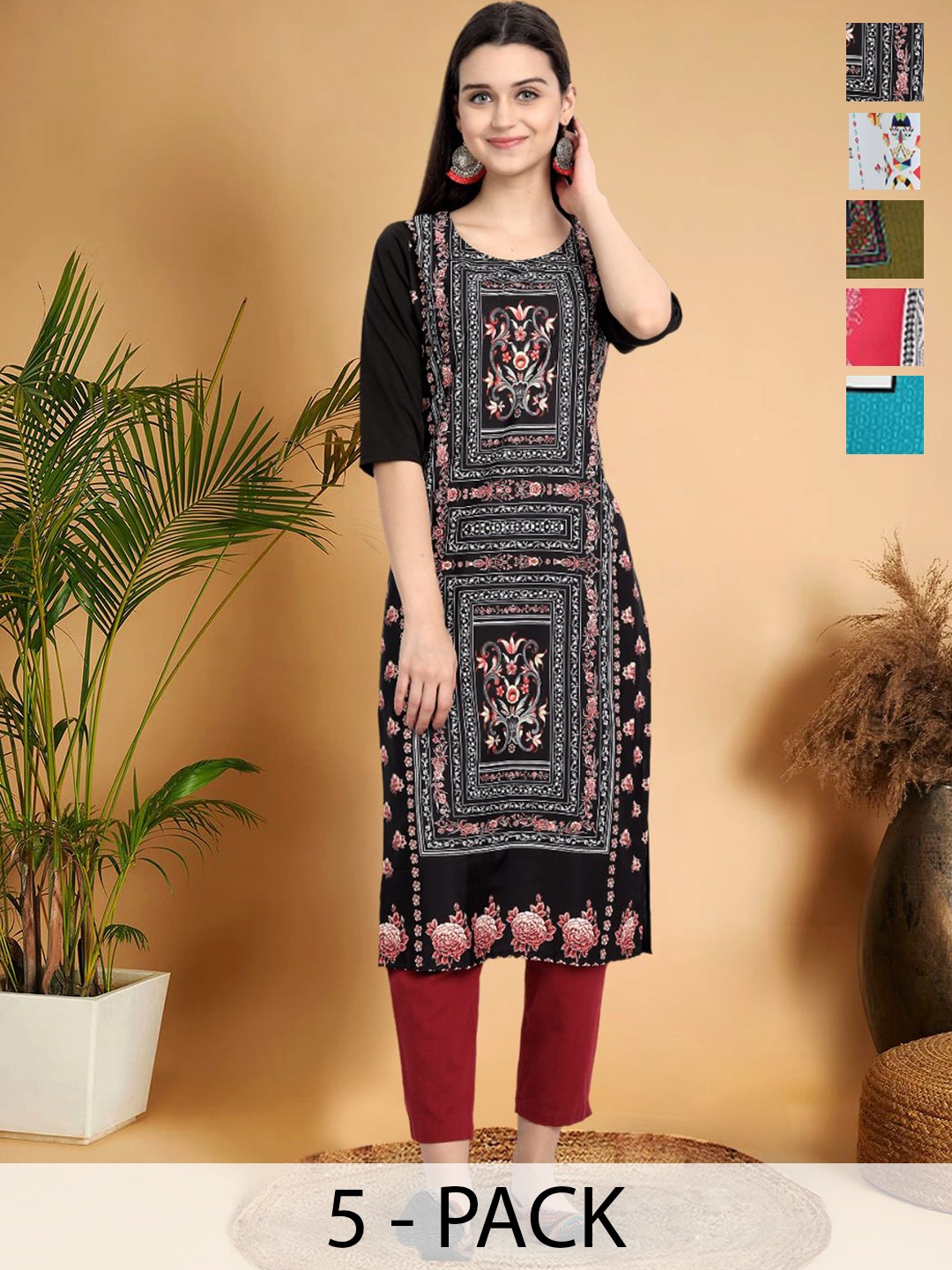 

7Threads Selection Of 5 Floral Printed Round Neck Straight Kurtas, Multi