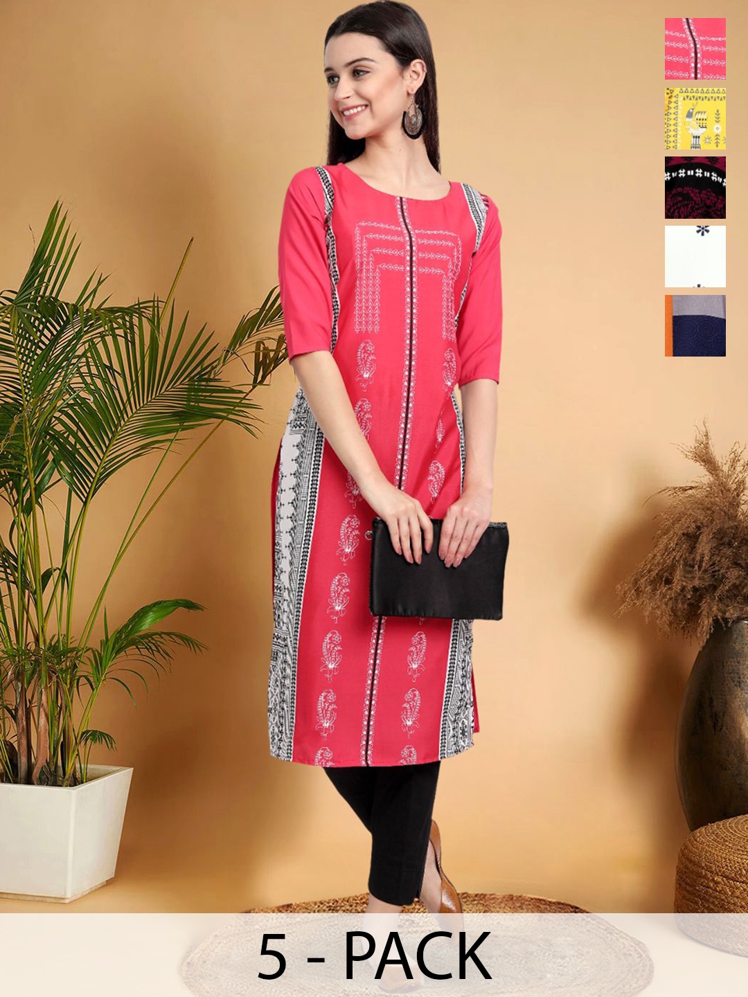 

7Threads Selection Of 5 Ethnic Motifs Printed Round Neck Straight Kurtas, Pink