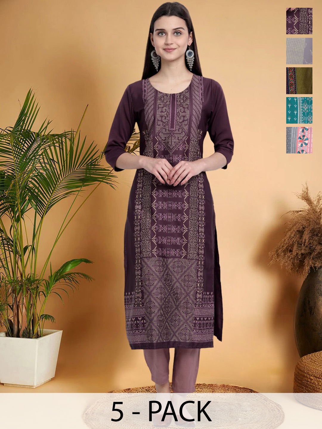7Threads Selection Of 5 Ethnic Motifs Printed Round Neck Straight Kurtas, Black