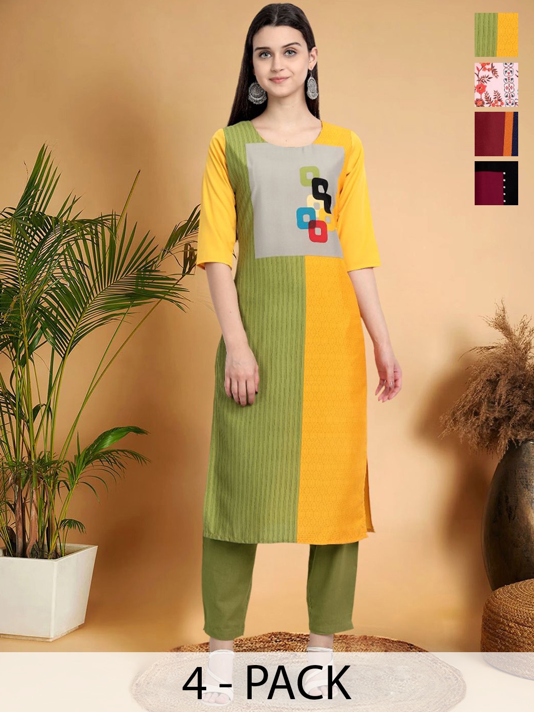 

7Threads Selection Of 4 Ethnic Motifs Printed Round Neck Straight Kurtas, Yellow