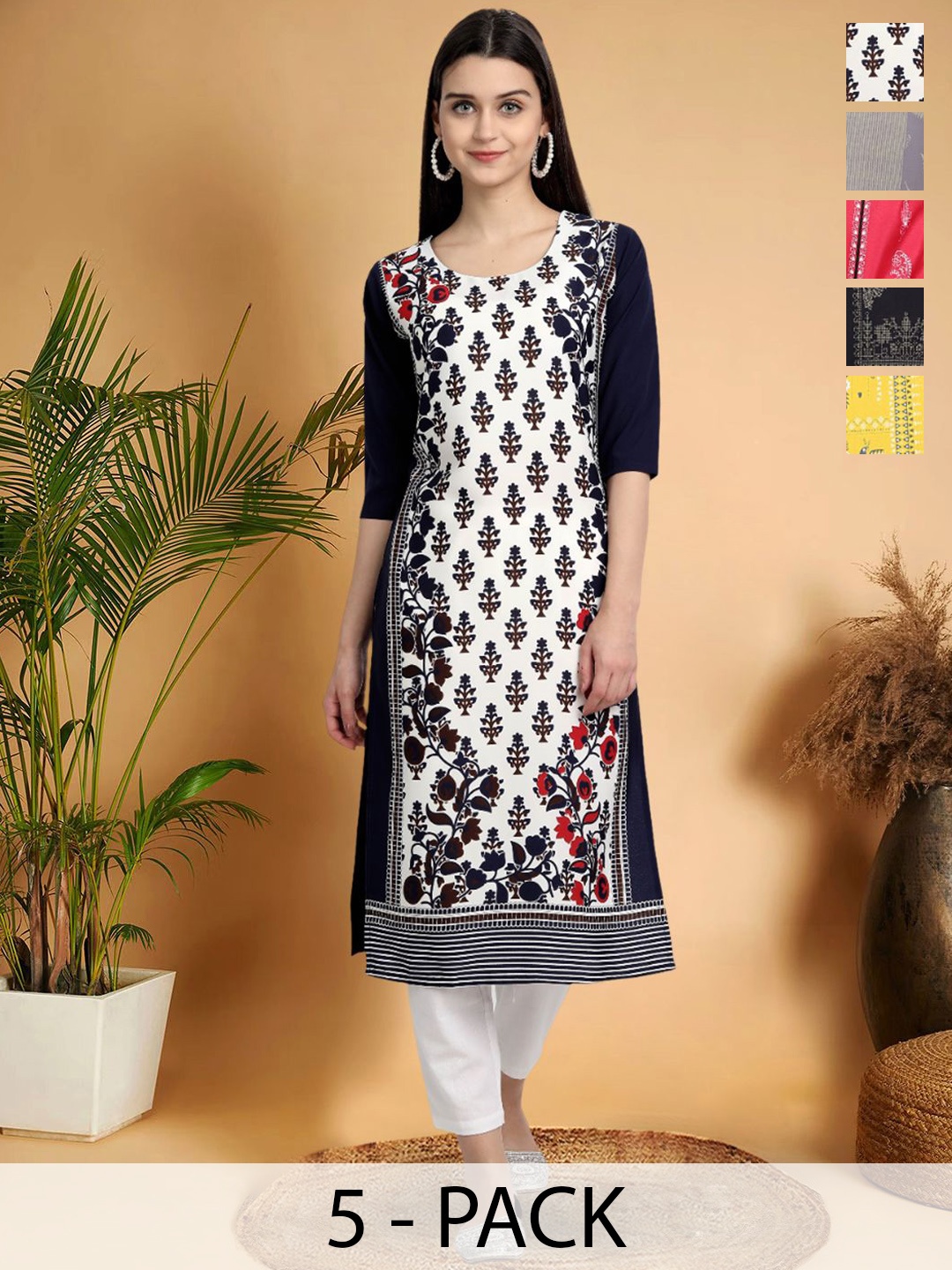 

7Threads Selection Of 5 Ethnic Motifs Printed Round Neck Straight Kurtas, White