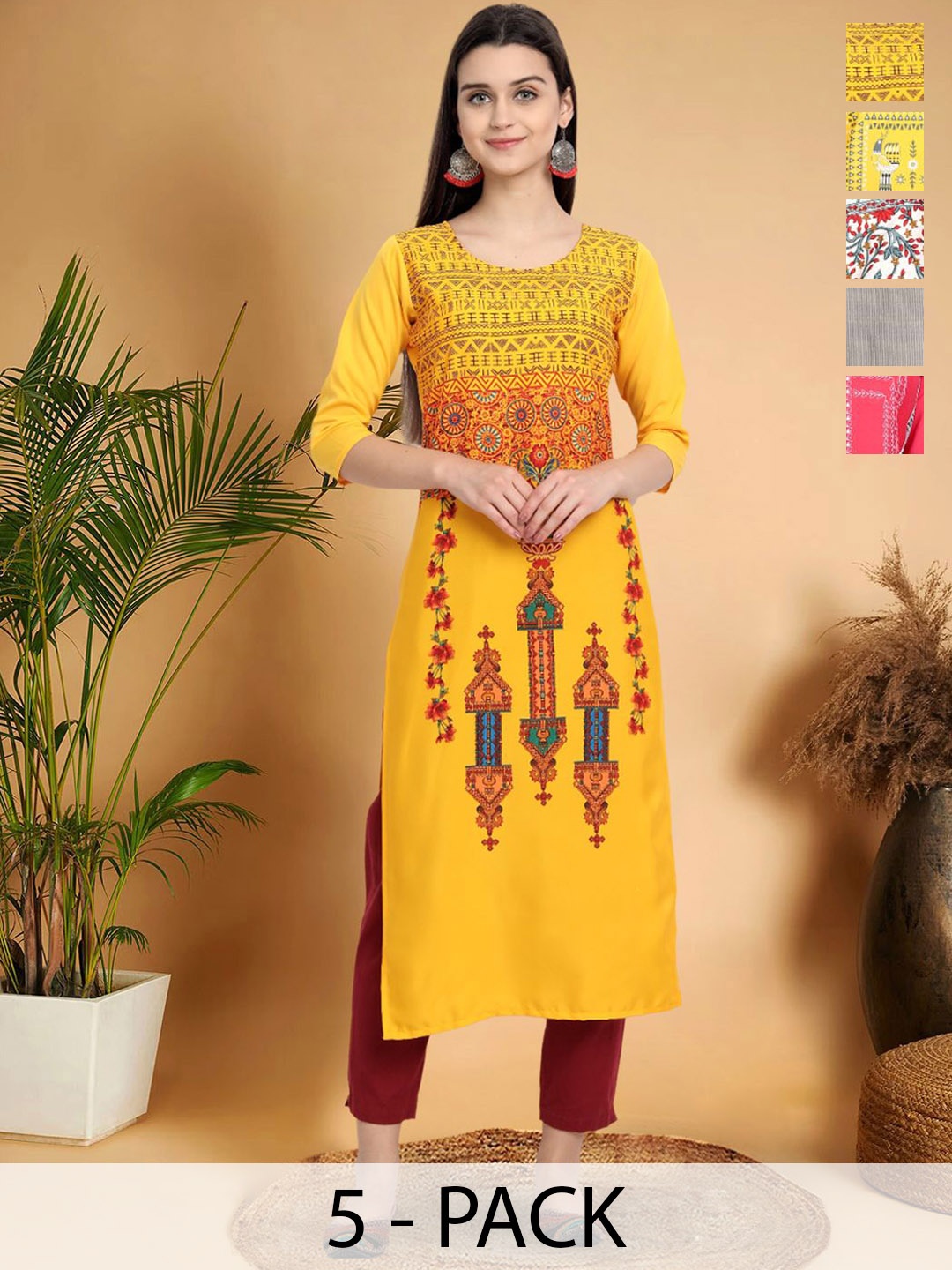 

7Threads Selection Of 5 Ethnic Motifs Printed Round Neck Straight Kurtas, Yellow
