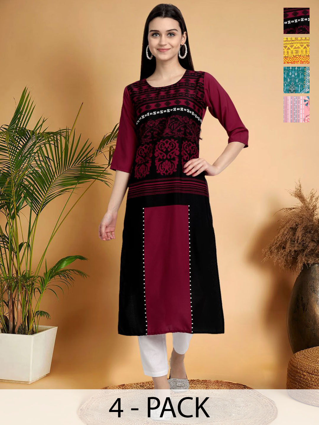 

7Threads Selection Of 4 Ethnic Motifs Printed Round Neck Straight Kurtas, Red