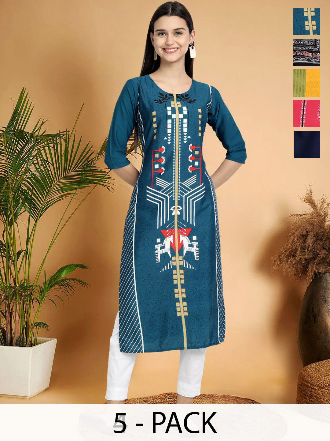 

7Threads Selection Of 5 Abstract Motifs Printed Round Neck Straight Kurtas, Blue