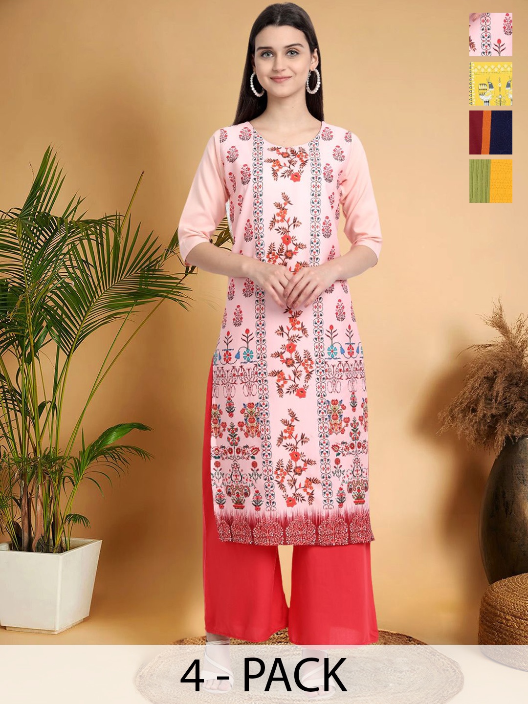 

7Threads Selection Of 4 Floral Motifs Printed Round Neck Straight Kurtas, Pink