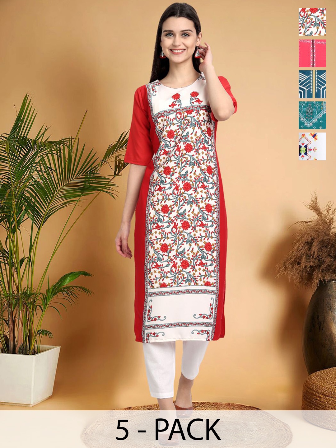 7Threads Selection Of 5 Ethnic Motifs Printed Round Neck Straight Kurtas, Red
