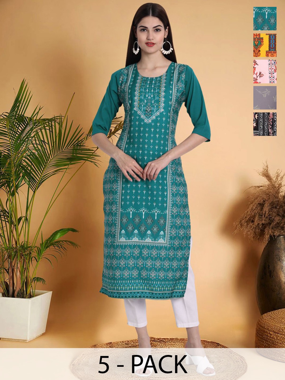 

7Threads Selection Of 5 Ethnic Motifs Printed Round Neck Straight Kurtas, Green