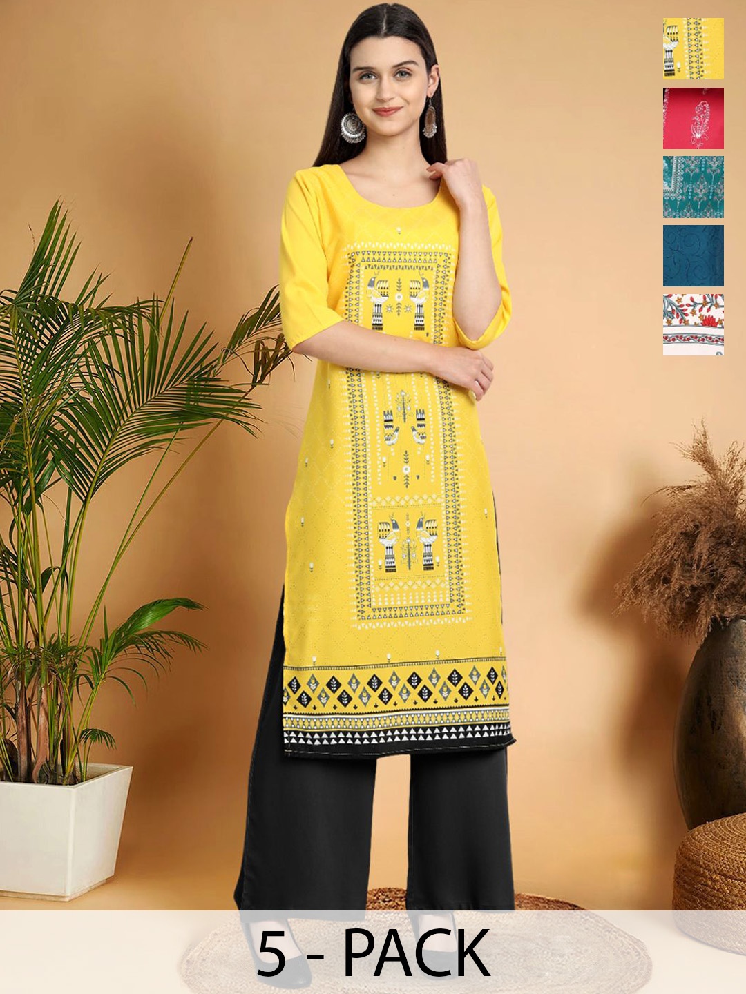 

7Threads Selection Of 5 Ethnic Motifs Printed Round Neck Straight Kurtas, Yellow