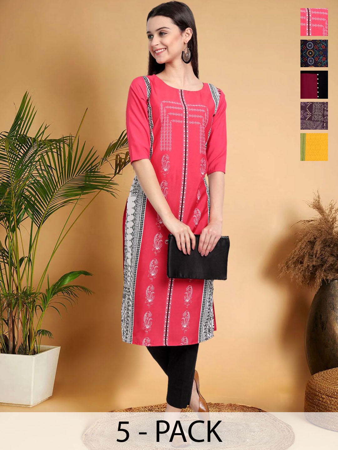 

7Threads Selection Of 5 Ethnic Motifs Printed Round Neck Straight Kurtas, Pink