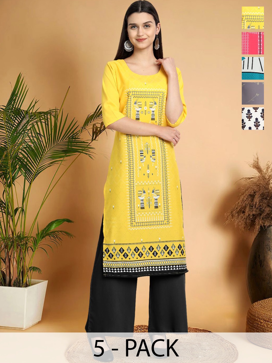 

7Threads Selection Of 5 Ethnic Motifs Printed Round Neck Straight Kurtas, Yellow