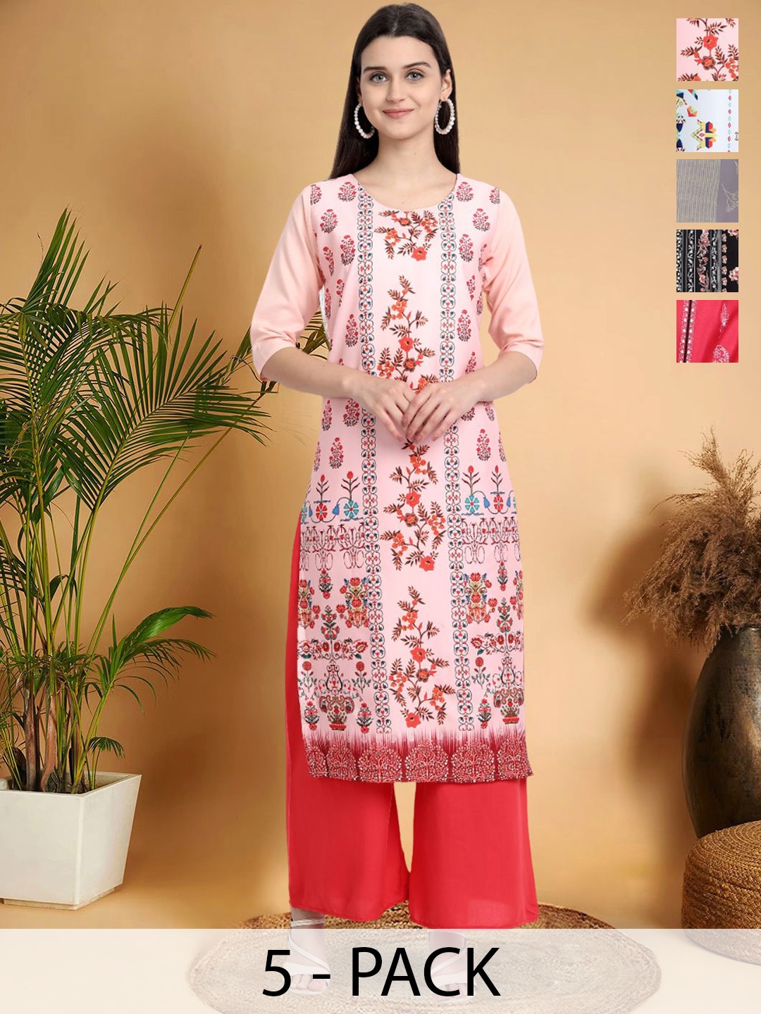 7Threads Selection Of 5 Ethnic Motifs Printed Round Neck Straight Kurtas, Pink
