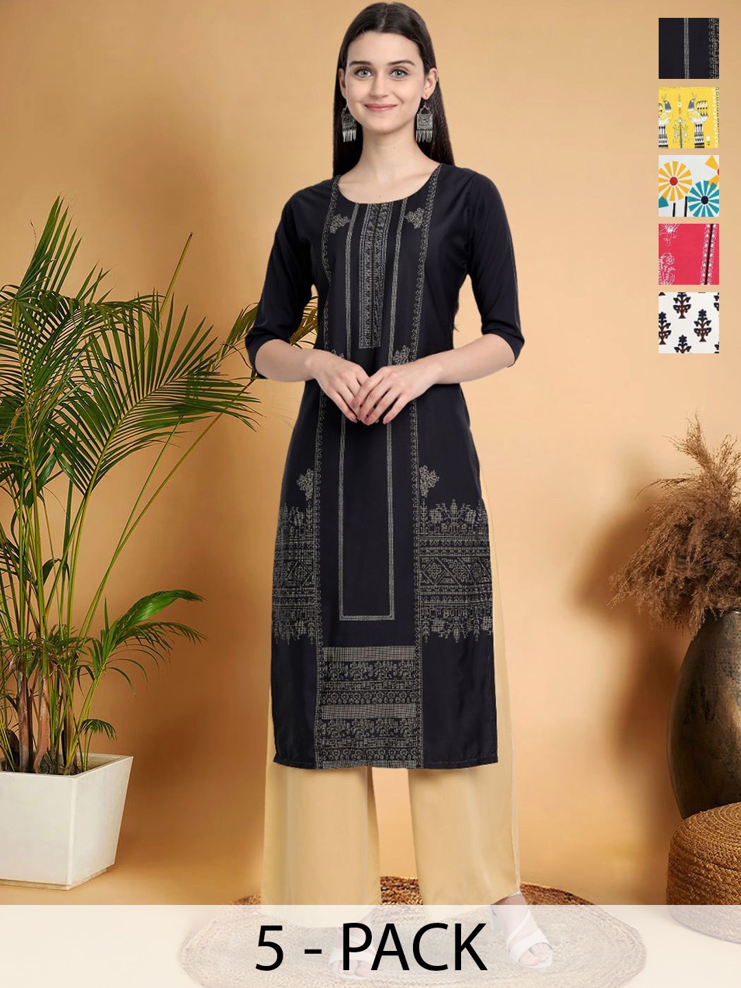 

7Threads Selection Of 5 Ethnic Motifs Printed Round Neck Straight Kurtas, Black