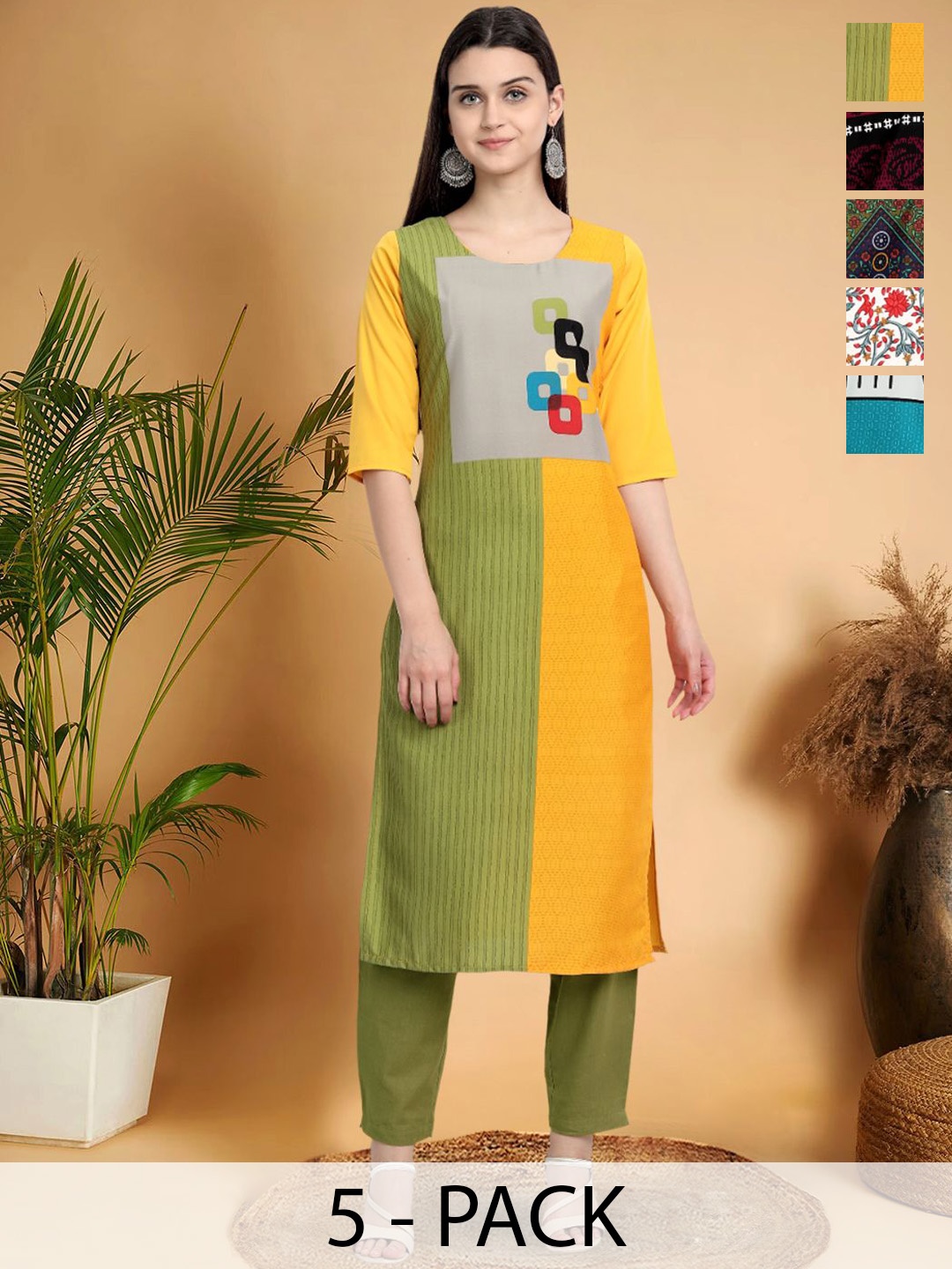 

7Threads Selection Of 5 Colourblocked Printed Round Neck Straight Kurtas, Yellow