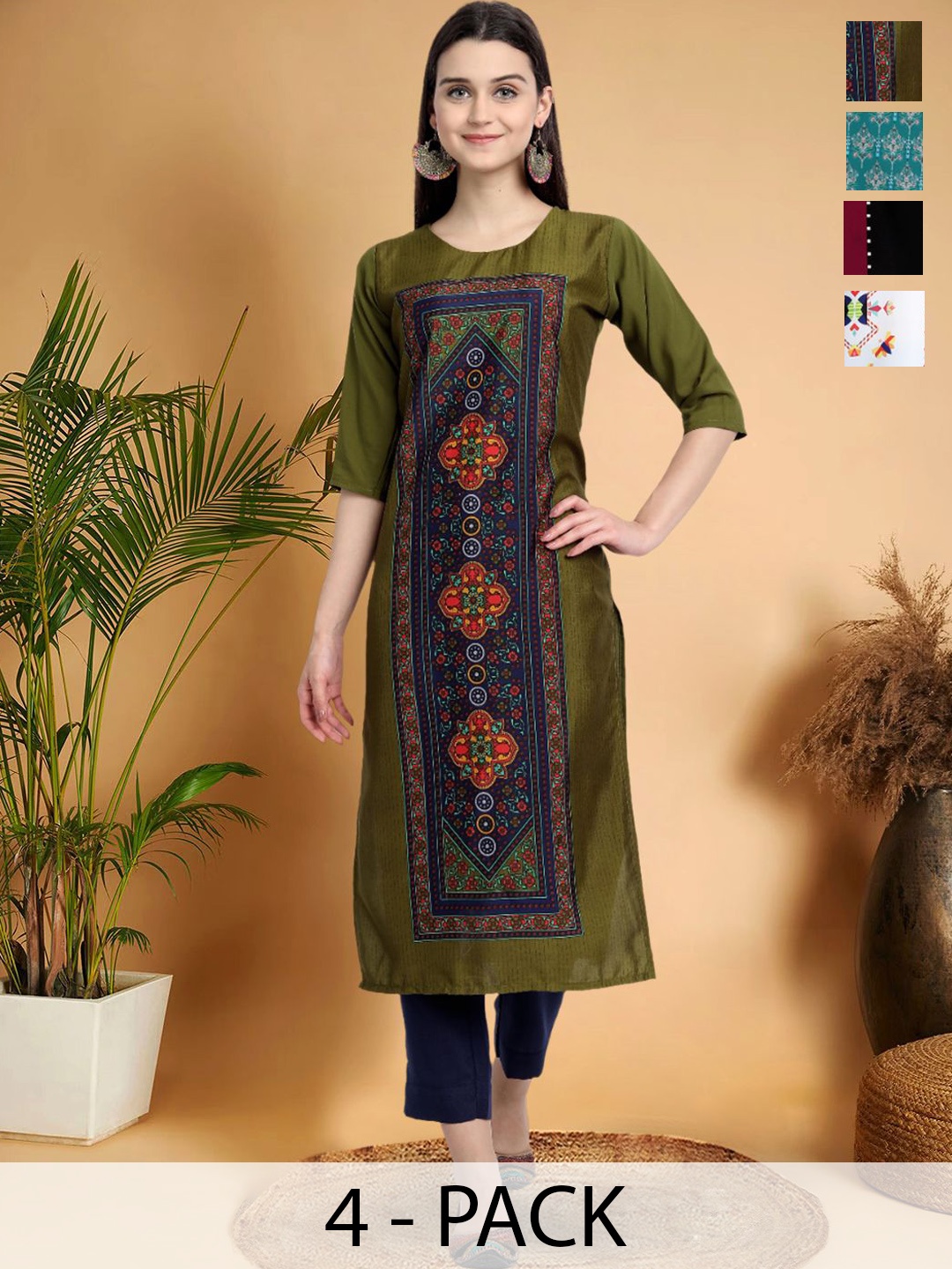 

7Threads Selection Of 4 Ethnic Motifs Printed Round Neck Straight Kurtas, Green