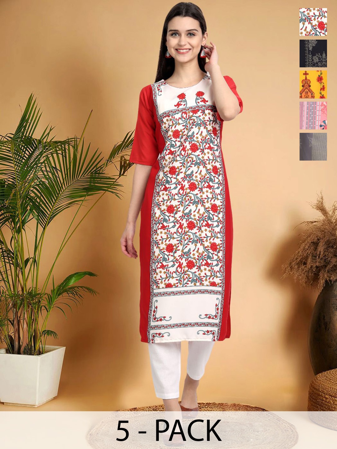 

7Threads Selection Of 5 Floral Printed Round Neck Straight Kurtas, Red