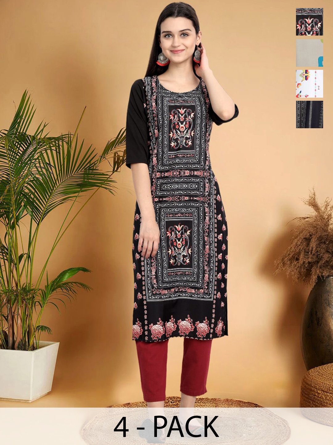 

7Threads Selection Of 4 Ethnic Motifs Printed Round Neck Straight Kurtas, Black