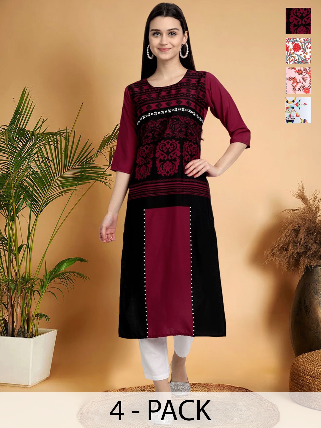 

7Threads Selection Of 5 Ethnic Motifs Printed Round Neck Straight Kurtas, Red
