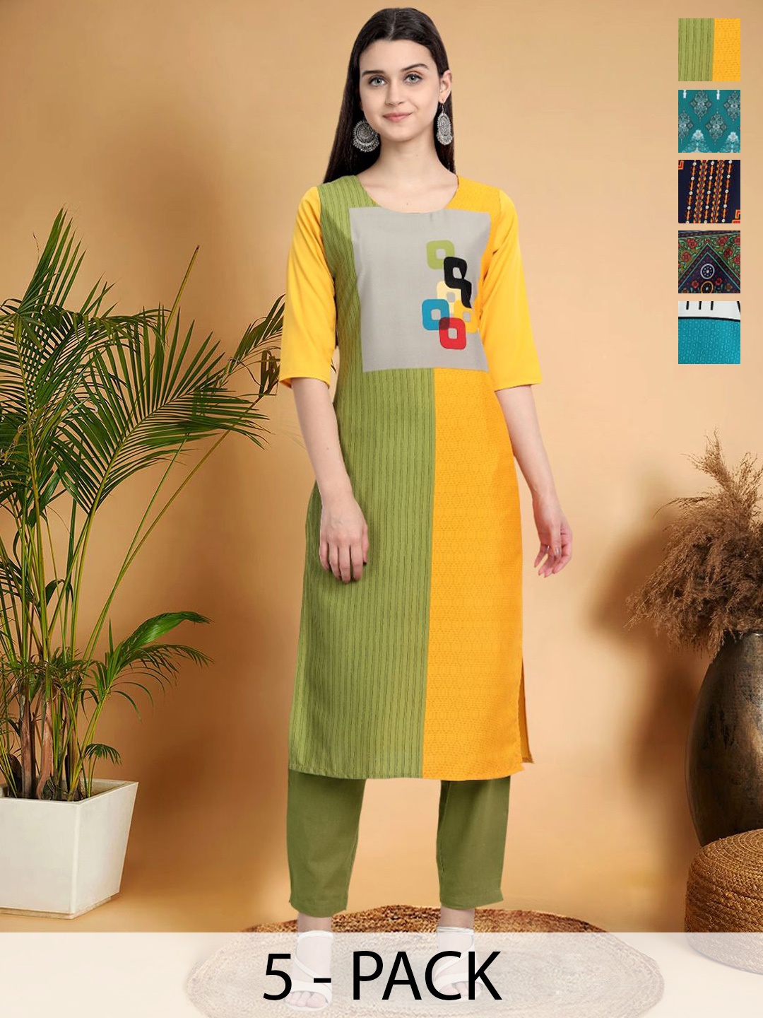 

7Threads Selection Of 5 Colourblocked Printed Round Neck Straight Kurtas, Yellow