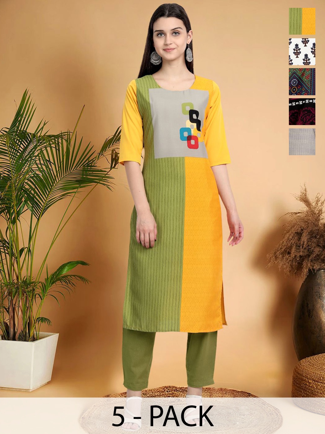 

7Threads Selection Of 5 Geometric Printed Round Neck Straight Kurtas, Yellow