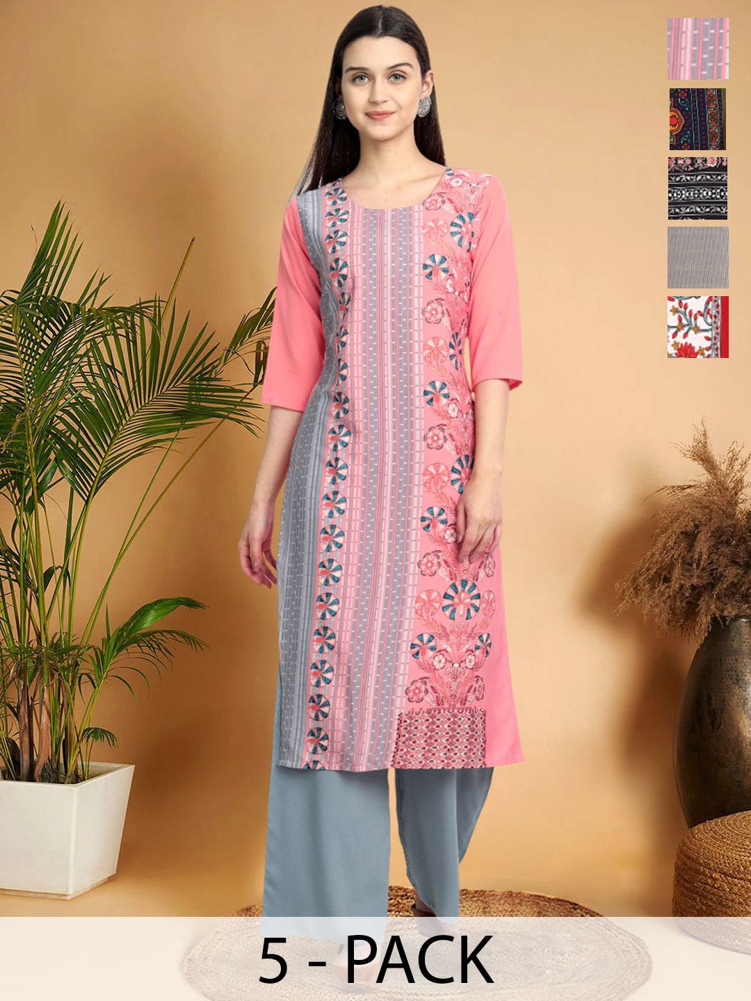 

7Threads Selection Of 5 Ethnic Motifs Printed Round Neck Straight Kurtas, Pink