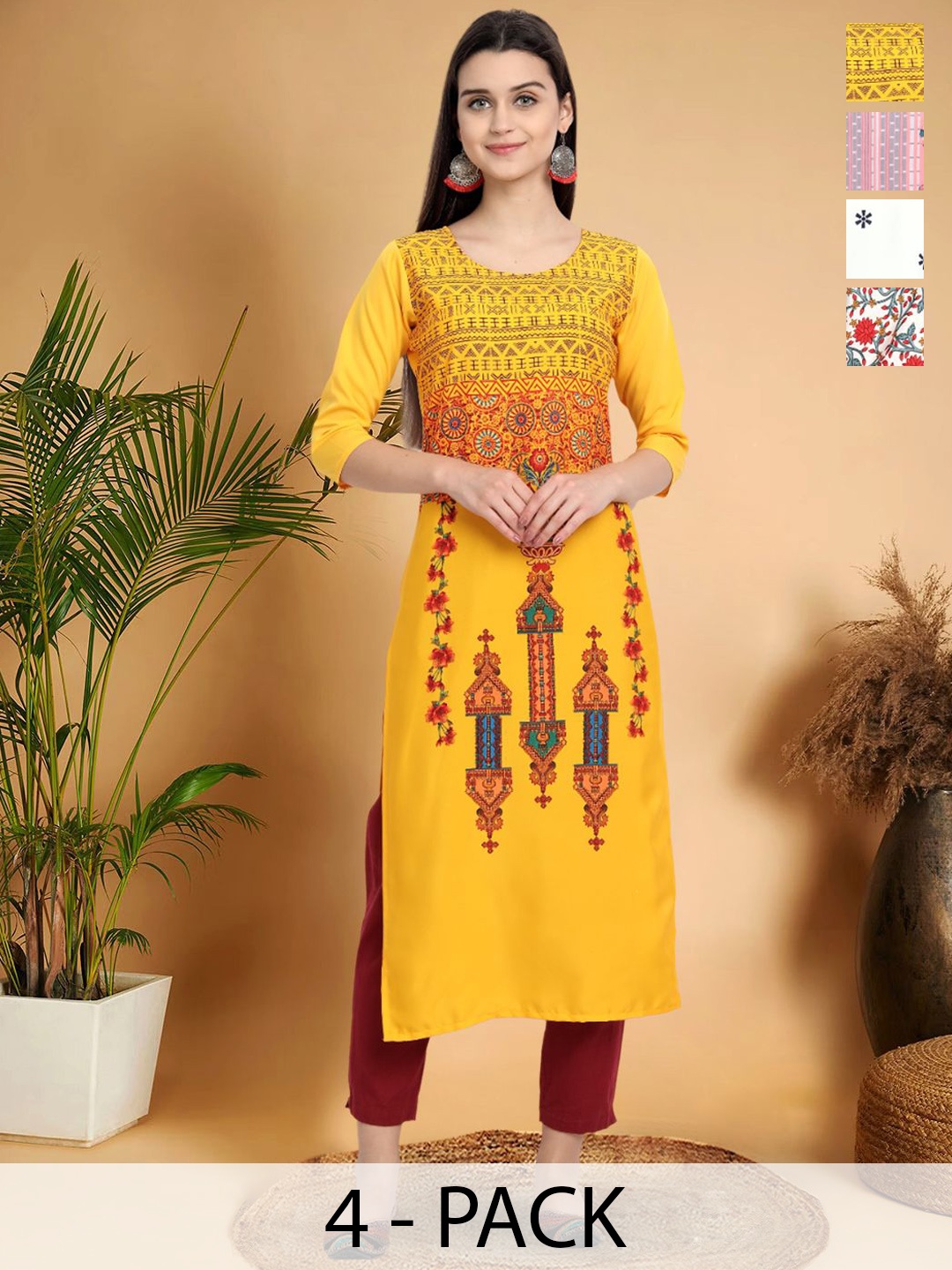 

7Threads Selection Of 4 Ethnic Motifs Printed Round Neck Straight Kurtas, Yellow