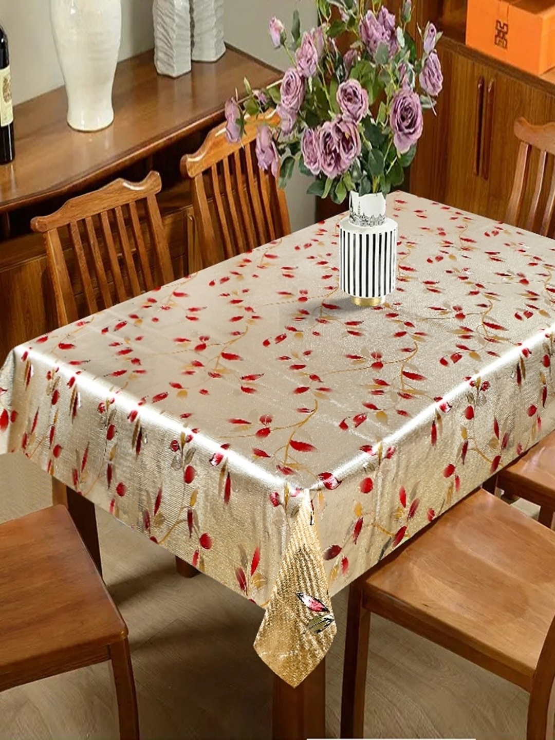 

Dakshya Industries Gold-Toned & Red Floral Rectangle Waterproof 6-Seater Table Cover