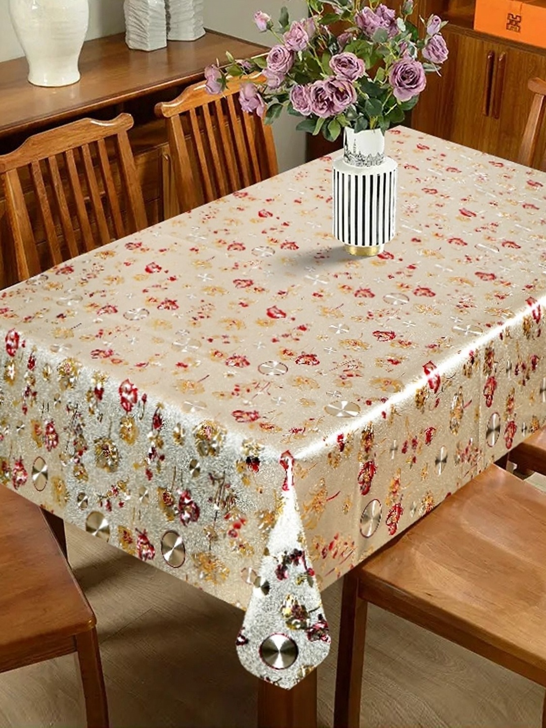 

Dakshya Industries Gold-Toned & Red Floral Rectangle Waterproof 6-Seater Table Cover