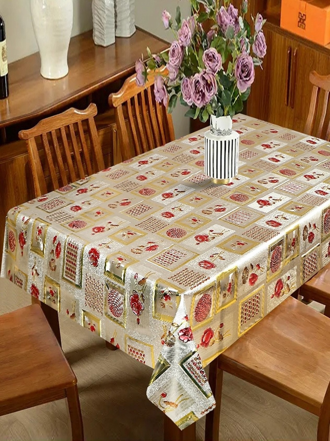 

Dakshya Industries Gold-Toned & Red Floral Rectangle Waterproof 6-Seater Table Cover