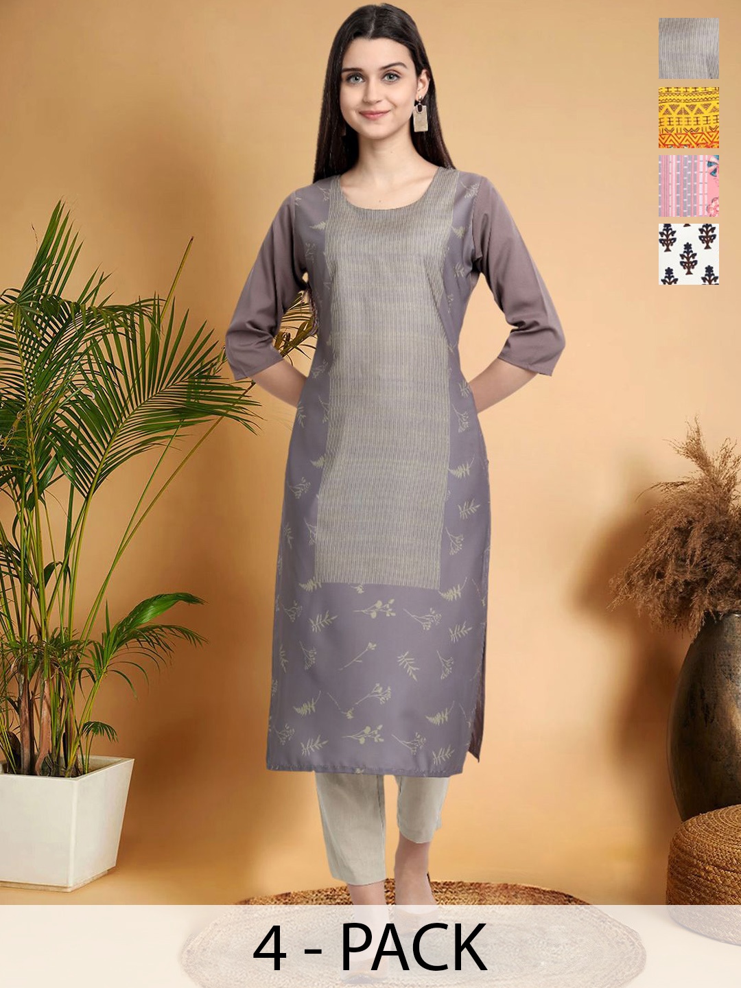 

7Threads Selection Of 4 Ethnic Motifs Printed Round Neck Straight Kurtas, Grey