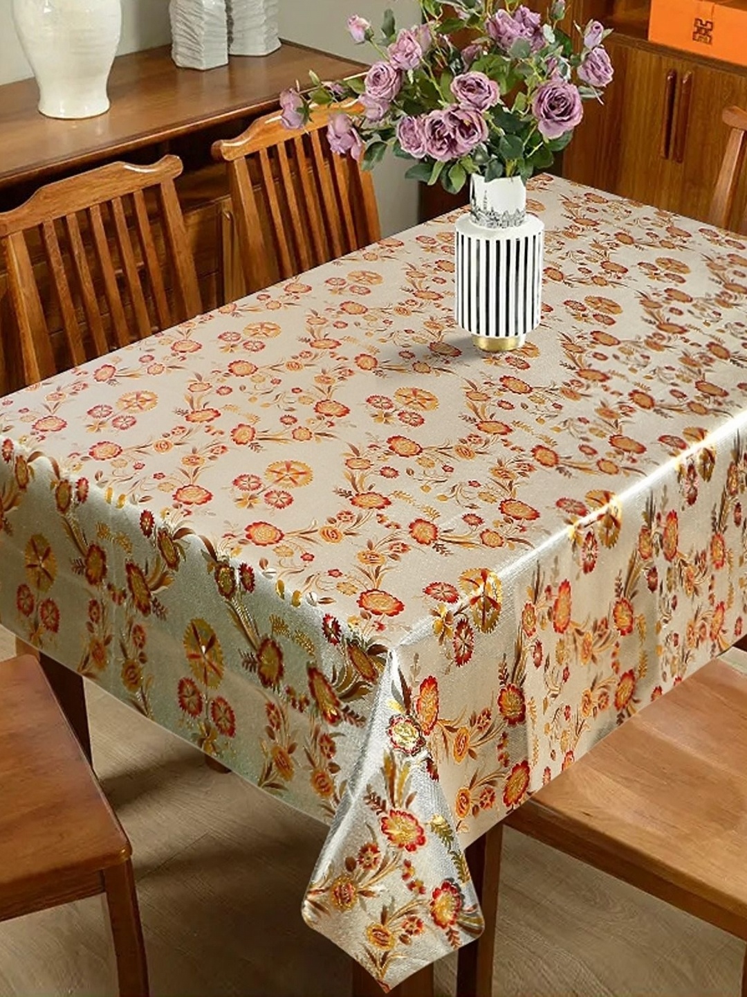 

Dakshya Industries Gold-Toned & Red Floral Rectangle Waterproof 6-Seater Table Cover