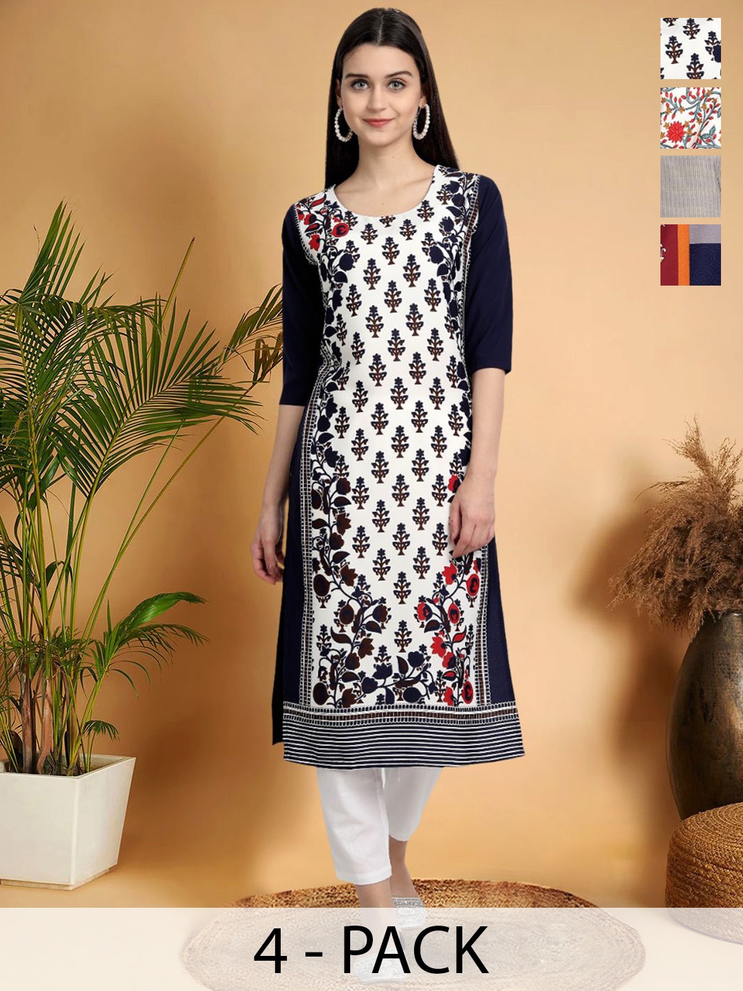 

7Threads Selection Of 4 Ethnic Motifs Printed Round Neck Straight Kurtas, Black