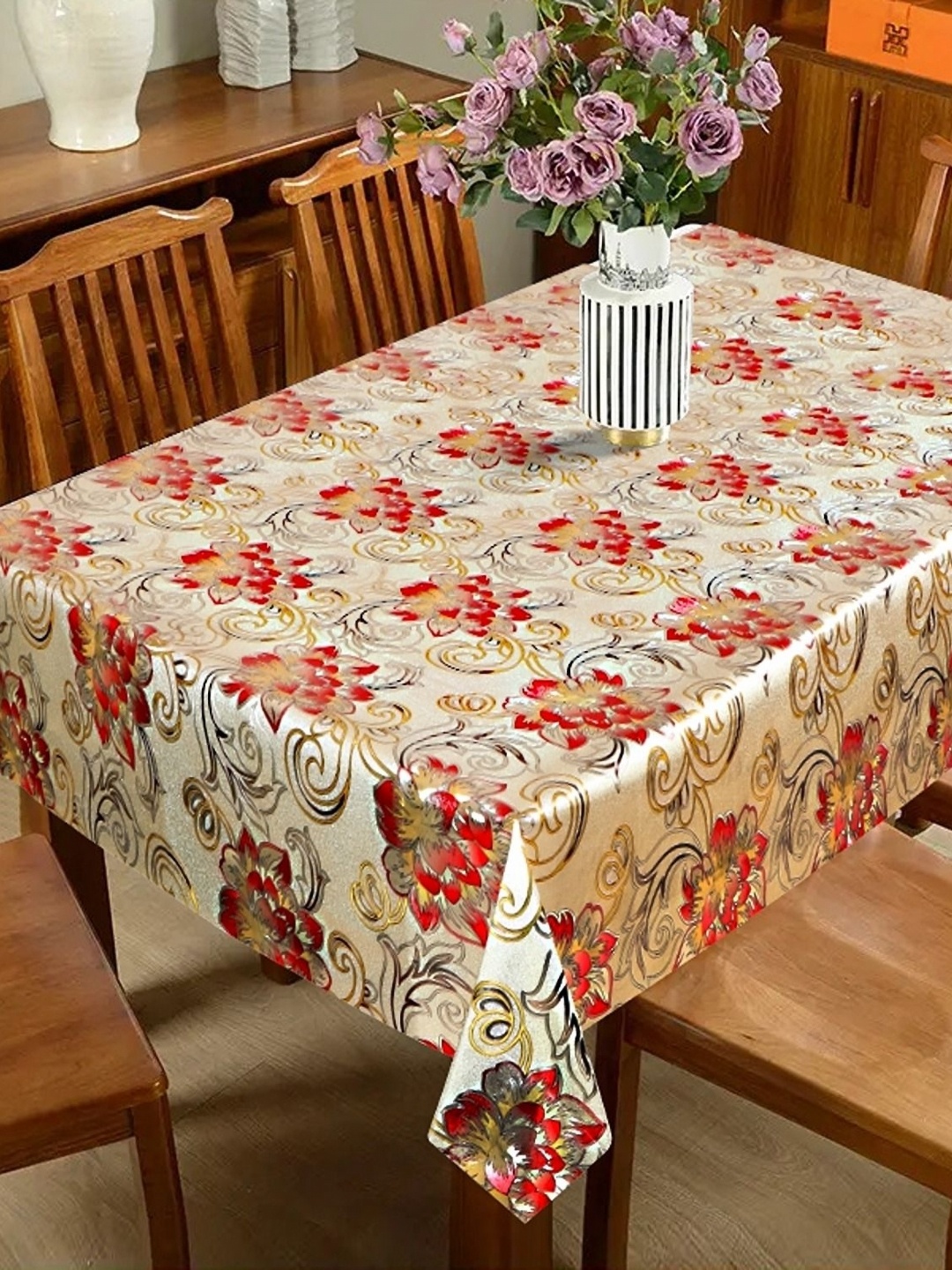 

Dakshya Industries Gold-Toned & Red Floral Rectangle Waterproof 6-Seater Table Cover